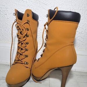 Dark Tan shoelace high heel boot